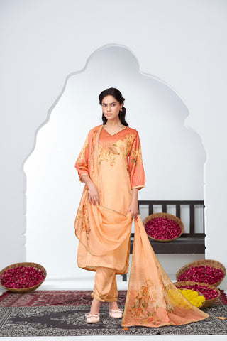 Tasneem Peach Floral Hand-Embellished Kurta Set with Sequin Work & Lace Detailing in Satin Silk with Cotton Mul Lining, Paired with Dupatta