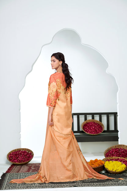 Tasneem Peach Floral Hand-Embellished Kurta Set with Sequin Work & Lace Detailing in Satin Silk with Cotton Mul Lining, Paired with Dupatta