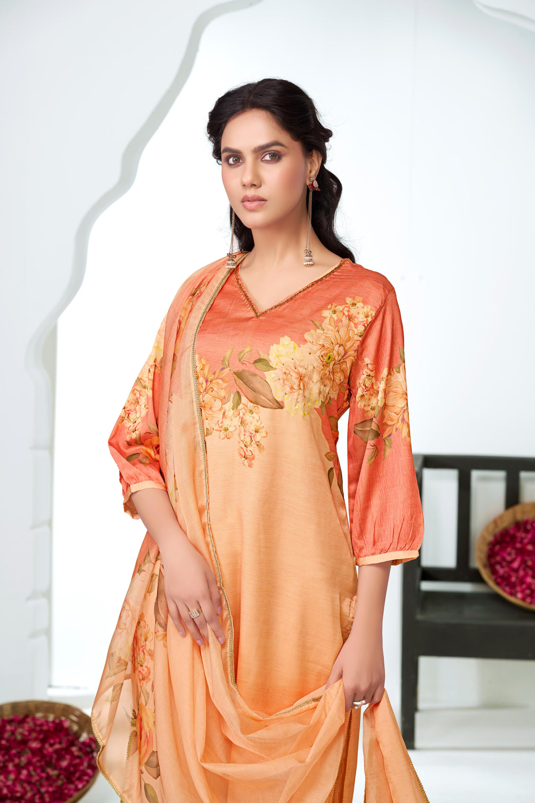 Tasneem Peach Floral Hand-Embellished Kurta Set with Sequin Work & Lace Detailing in Satin Silk with Cotton Mul Lining, Paired with Dupatta