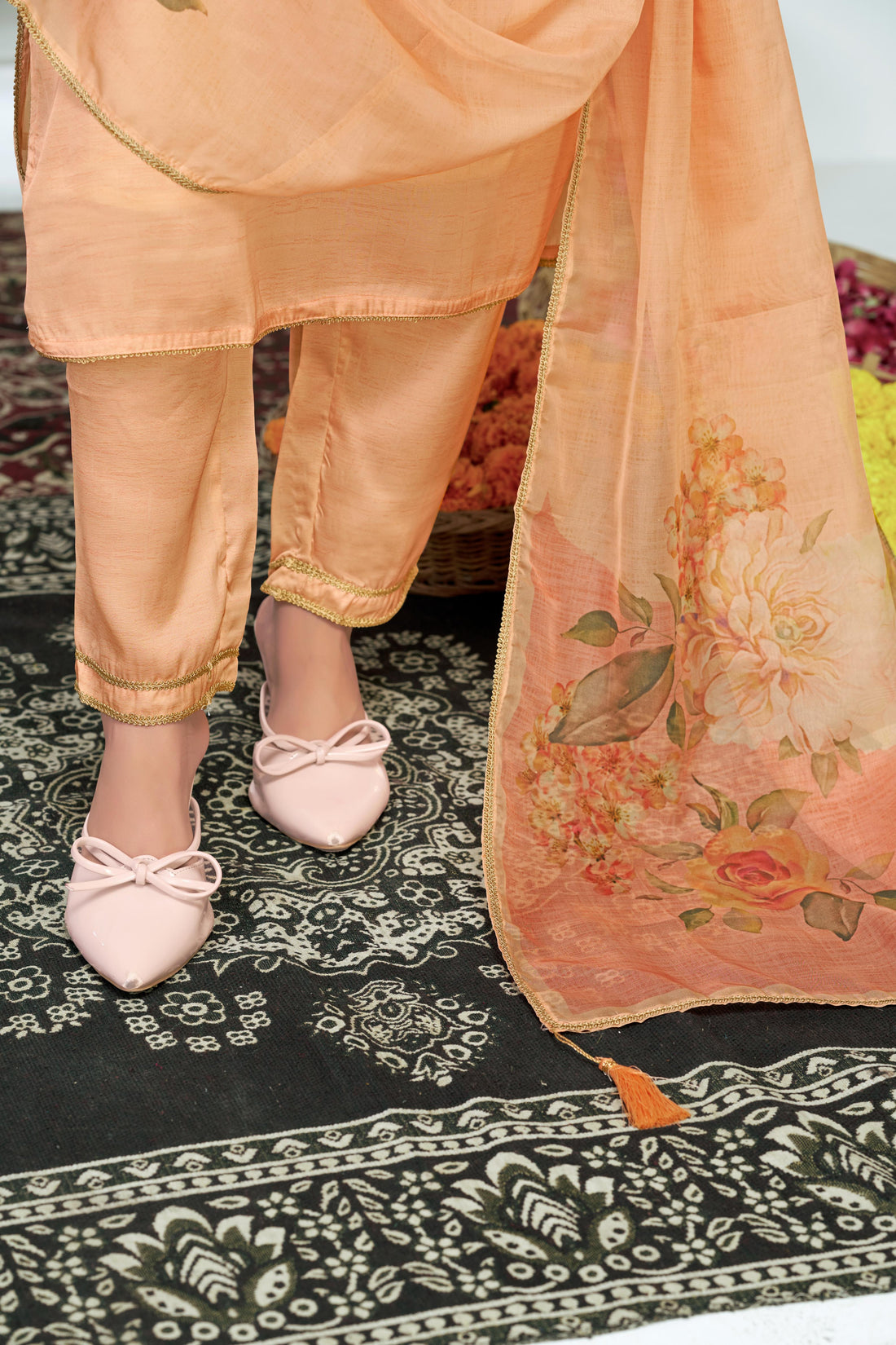Tasneem Peach Floral Hand-Embellished Kurta Set with Sequin Work & Lace Detailing in Satin Silk with Cotton Mul Lining, Paired with Dupatta