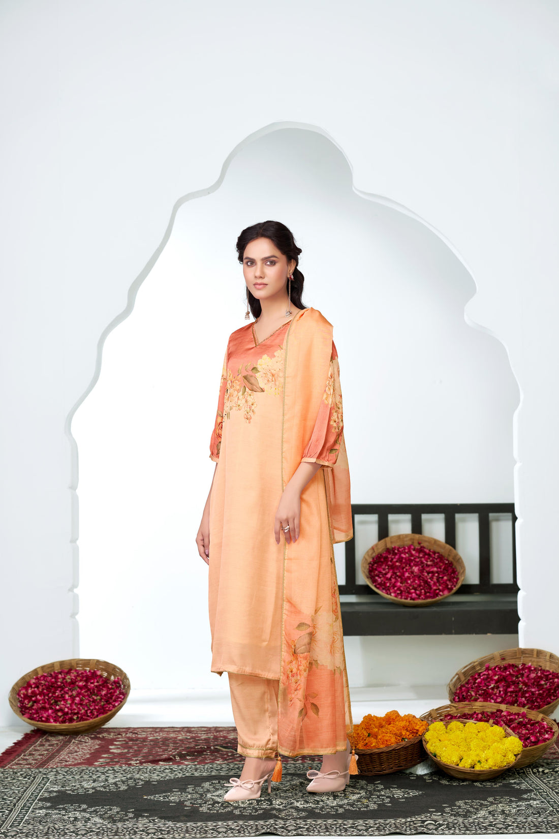 Tasneem Peach Floral Hand-Embellished Kurta Set with Sequin Work & Lace Detailing in Satin Silk with Cotton Mul Lining, Paired with Dupatta