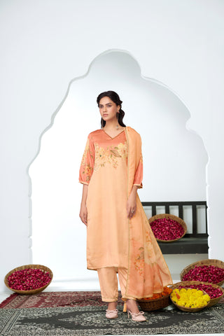 Tasneem Peach Floral Hand-Embellished Kurta Set with Sequin Work & Lace Detailing in Satin Silk with Cotton Mul Lining, Paired with Dupatta