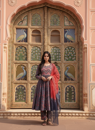 Torani Red Ajrakh Print Hand Mirror & Sequins Embellished Work Suit Set with Dupatta in Chanderi Silk