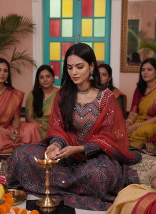 Torani Red Ajrakh Print Hand Mirror & Sequins Embellished Work Suit Set with Dupatta in Chanderi Silk