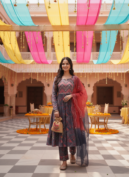 Torani Red Ajrakh Print Hand Mirror & Sequins Embellished Work Suit Set with Dupatta in Chanderi Silk