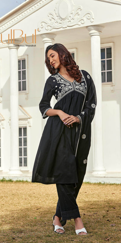 Akanksha Black Cotton Kurta Set with Dupatta