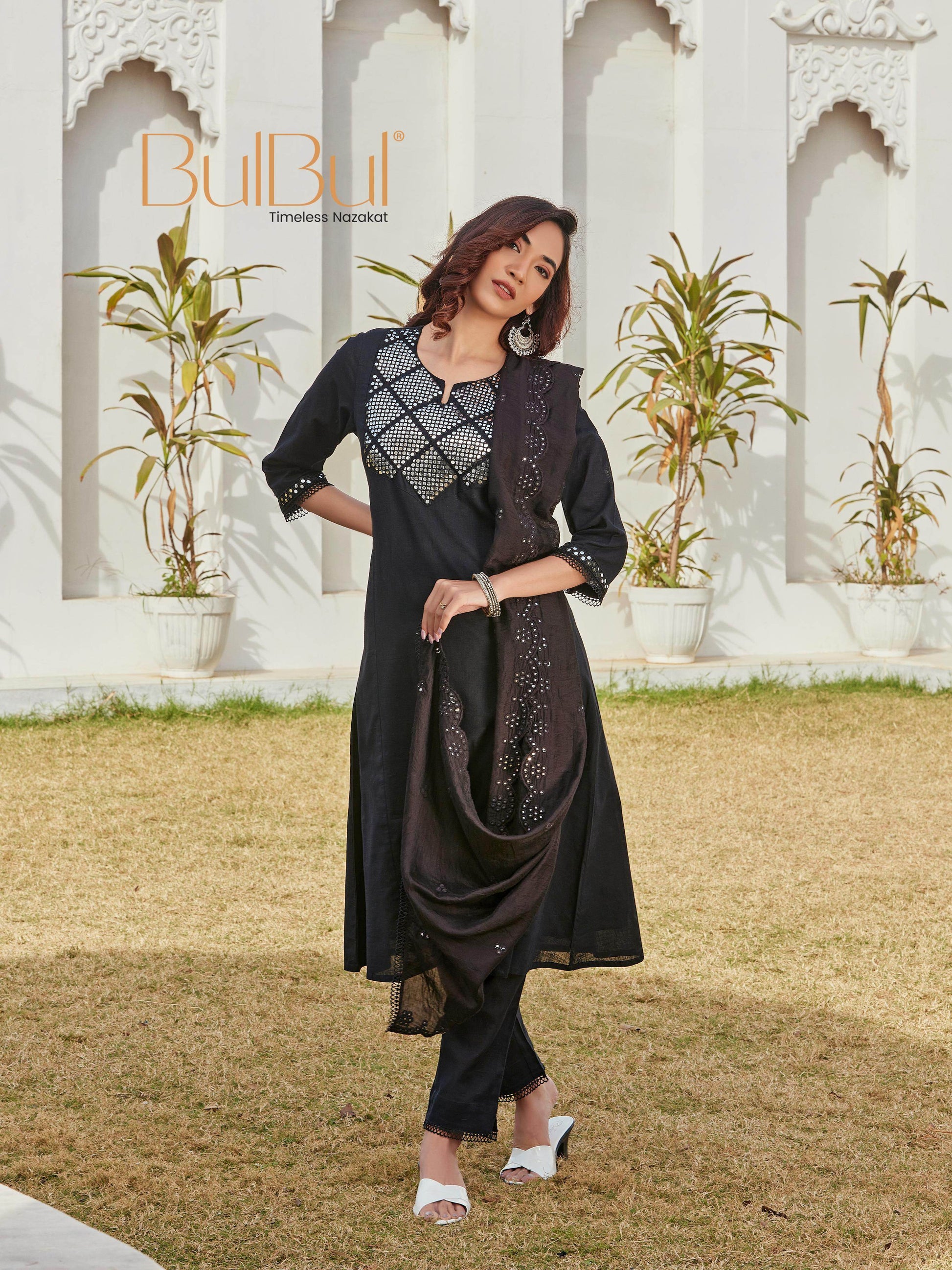Maryam Black Cotton Kurta Set with Dupatta - BulBul