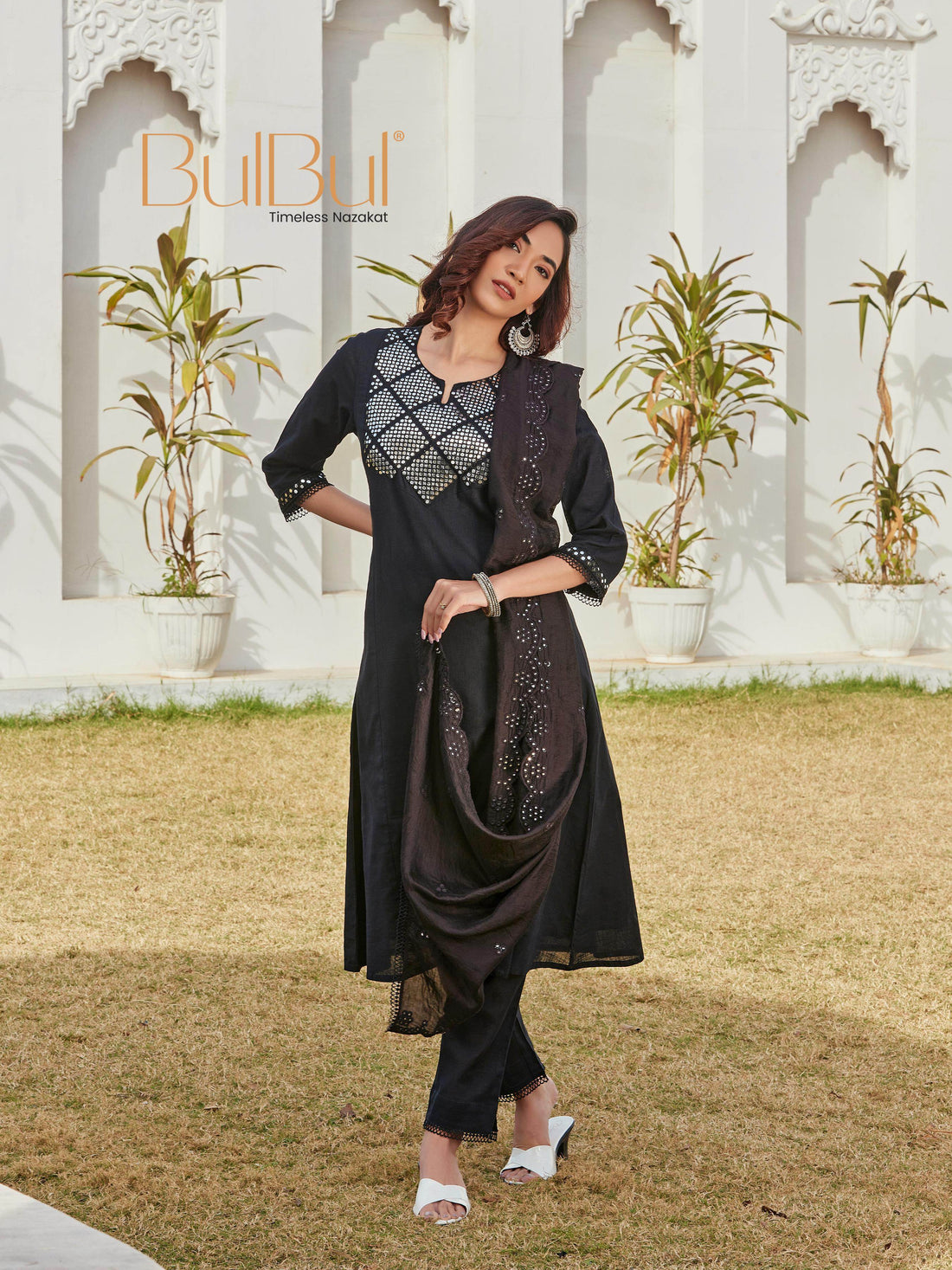 Maryam Black Cotton Kurta Set with Dupatta - BulBul