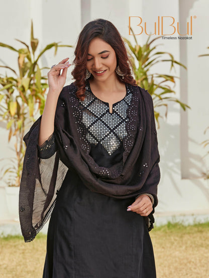 Maryam Black Cotton Kurta Set with Dupatta - BulBul