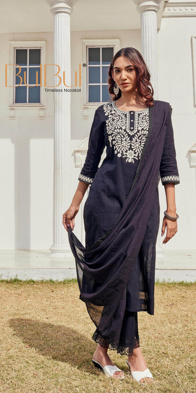 Samantha Cotton Black Kurta Set with Dupatta