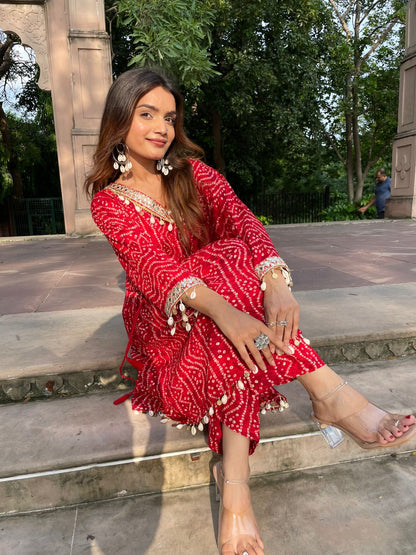 Kira Red Bandhani Printed Viscose Co-Ord Set with Mirror Lace and Cowrie Shell Motif