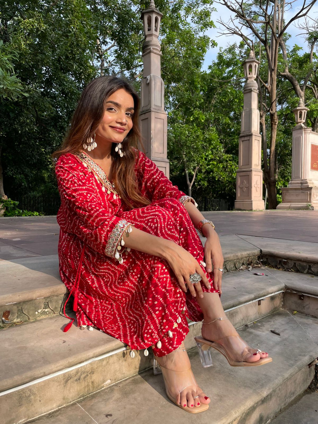 Kira Red Bandhani Printed Viscose Co-Ord Set with Mirror Lace and Cowrie Shell Motif