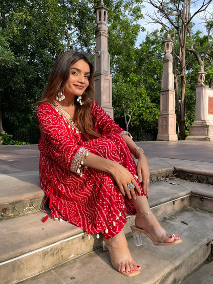 Kira Red Bandhani Printed Viscose Co-Ord Set with Mirror Lace and Cowrie Shell Motif