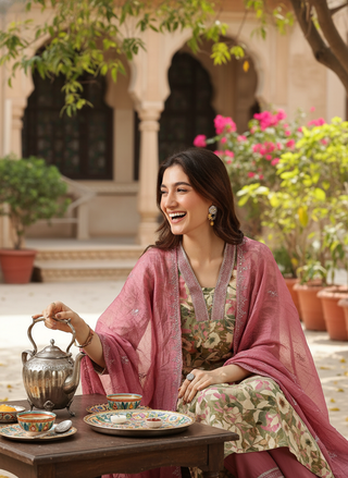 Aafiya Green Floral Printed Kurta Set with Thread & Fine Zari Embroidered Neckline in Viscose