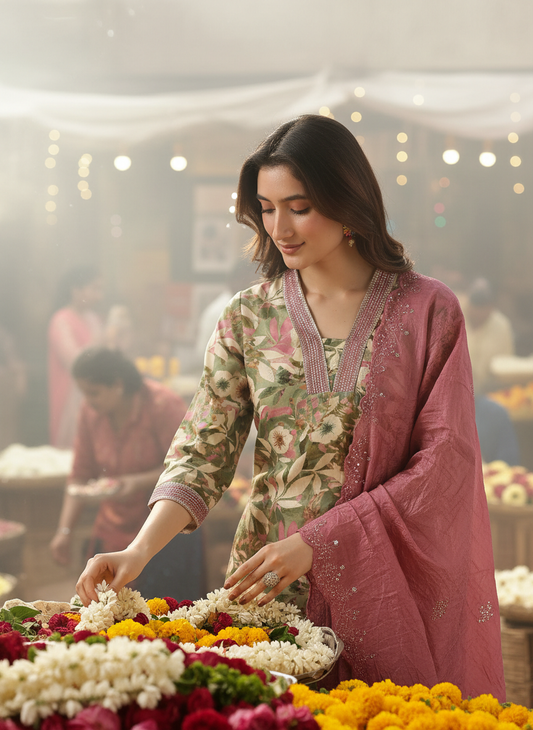Aafiya Green Floral Printed Kurta Set with Thread & Fine Zari Embroidered Neckline in Viscose