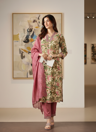 Aafiya Green Floral Printed Kurta Set with Thread & Fine Zari Embroidered Neckline in Viscose