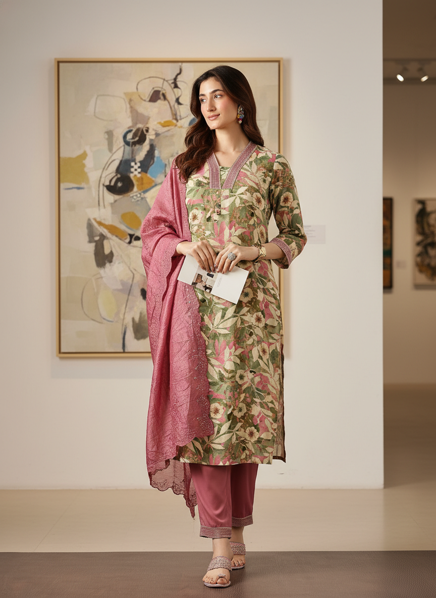 Aafiya Green Floral Printed Kurta Set with Thread & Fine Zari Embroidered Neckline in Viscose