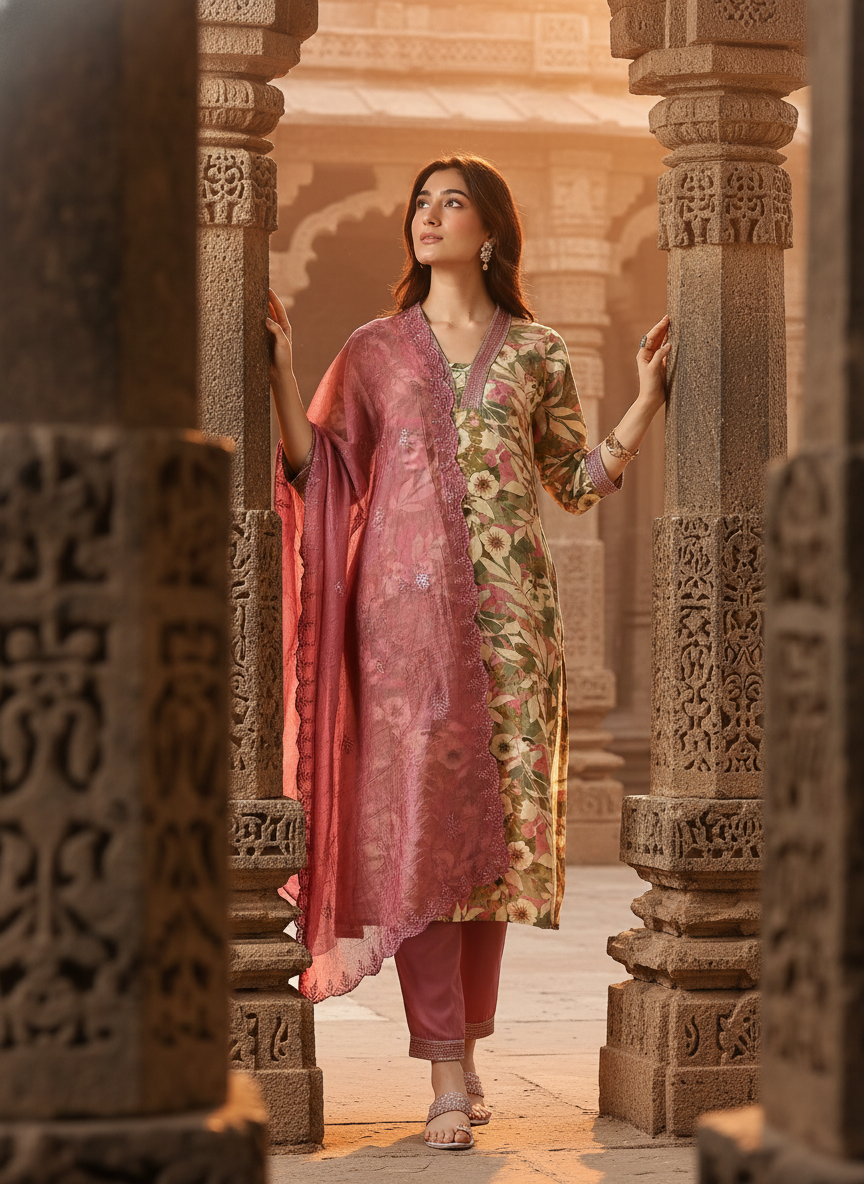 Aafiya Green Floral Printed Kurta Set with Thread & Fine Zari Embroidered Neckline in Viscose