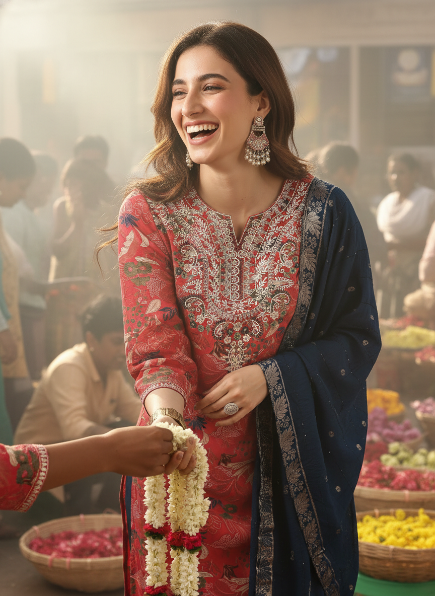 Alfina Red Floral Printed Kurta Set with Aari-Style Floral Thread Embroidered Neckline in Viscose