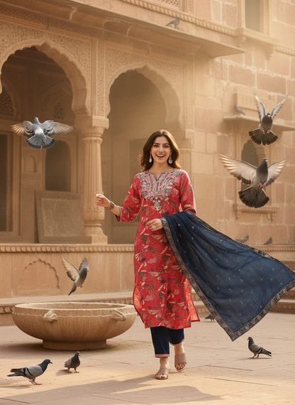 Alfina Red Floral Printed Kurta Set with Aari-Style Floral Thread Embroidered Neckline in Viscose