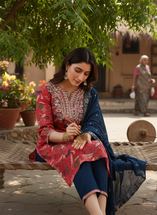 Alfina Red Floral Printed Kurta Set with Aari-Style Floral Thread Embroidered Neckline in Viscose