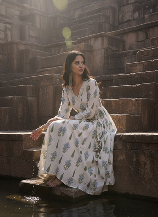 Angrakha Off-white Cotton Cambric Anarkali