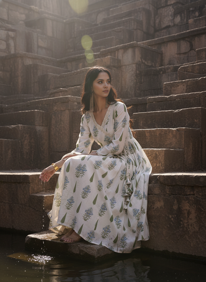 Angrakha Off-white Cotton Cambric Anarkali