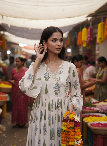 Angrakha Off-white Cotton Cambric Anarkali