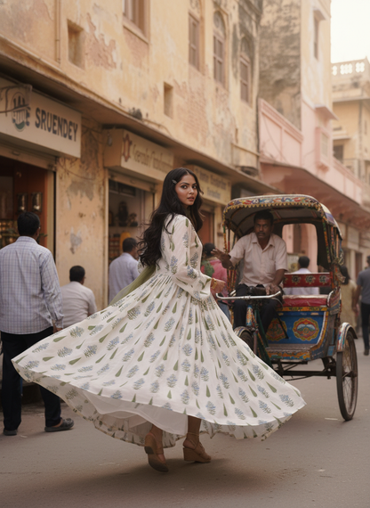 Angrakha Off-white Cotton Cambric Anarkali