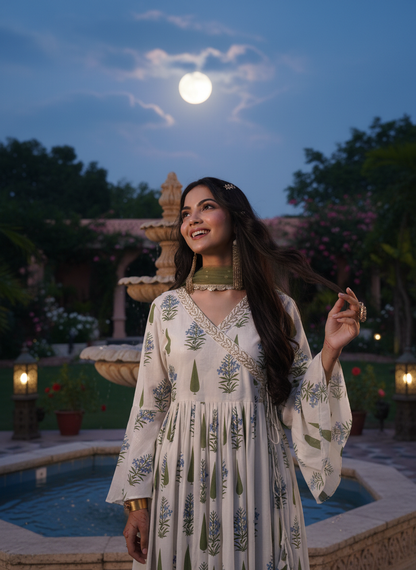 Angrakha Off-white Cotton Cambric Anarkali