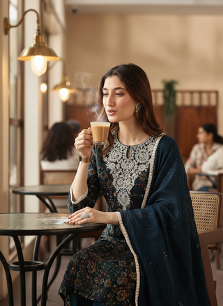 Anjali Teal Printed Kurta Set with Dupatta featuring Handcrafted Aari & Resham Thread Embroidered Neckline in Viscose