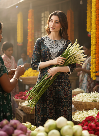 Anjali Teal Printed Kurta Set with Dupatta featuring Handcrafted Aari & Resham Thread Embroidered Neckline in Viscose