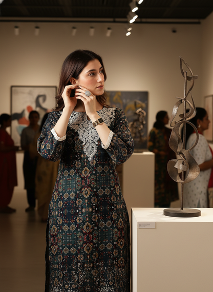 Anjali Teal Printed Kurta Set with Dupatta featuring Handcrafted Aari & Resham Thread Embroidered Neckline in Viscose