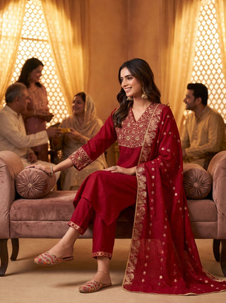 Ashima Red Hand Zari and Dori Embroidered Suit Set with Bead Detailing in Pure Muslin with Pure Cotton Mul Lining