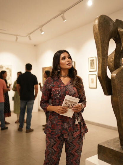 Atrangi Red Ajrakh Co-Ord Set with Hand-Embellished Black Bead & Sequin Pocket Detailing and Tassels in Chanderi Silk