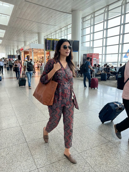 Atrangi Red Ajrakh Co-Ord Set with Hand-Embellished Black Bead & Sequin Pocket Detailing and Tassels in Chanderi Silk