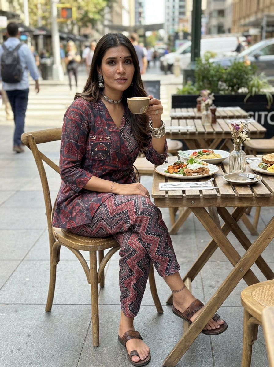 Atrangi Red Ajrakh Co-Ord Set with Hand-Embellished Black Bead & Sequin Pocket Detailing and Tassels in Chanderi Silk