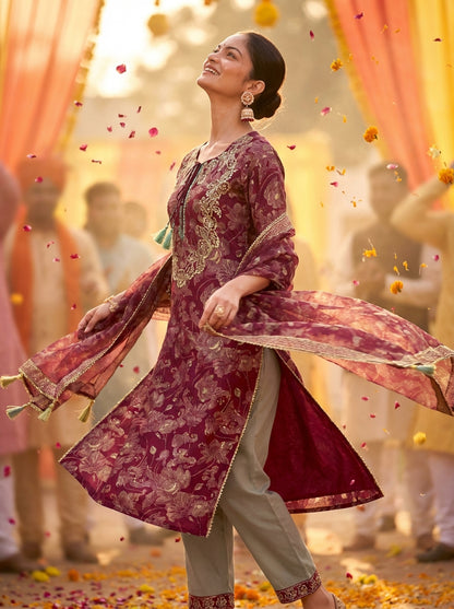 Shehnaaz Maroon Hand Embellished Zari, Sequins & Moti Neck Work Suit Set with Tassel Detail in Chanderi Silk with Pure Cotton Mul Lining