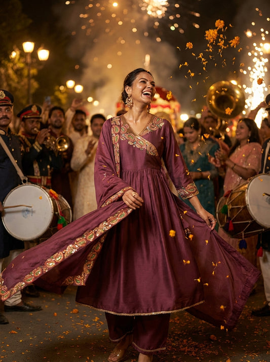 BulBul Women Wine Embroidered Premium Silk Angrakha Pattern Flare Suit With Dupatta