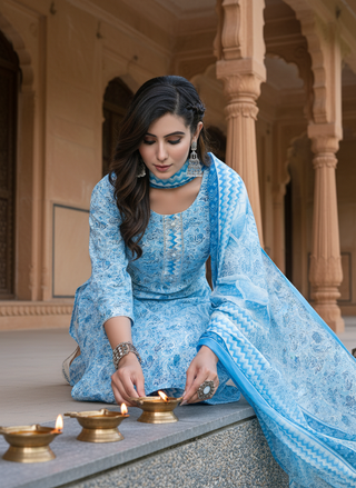 Pure Cotton Blue Floral Printed Kurta Set with Silver Zari Thread & Sequin Embroidered Placket