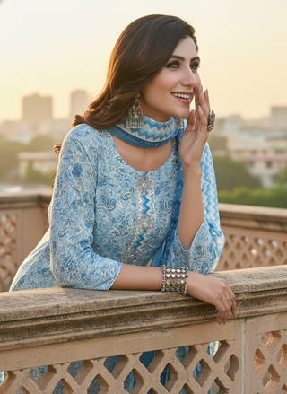 Pure Cotton Blue Floral Printed Kurta Set with Silver Zari Thread & Sequin Embroidered Placket
