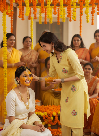 Yellow Chanderi Silk Kurta Set with Resham Floral Embroidery, Zari Highlights and Gota Patti Lace Detailing