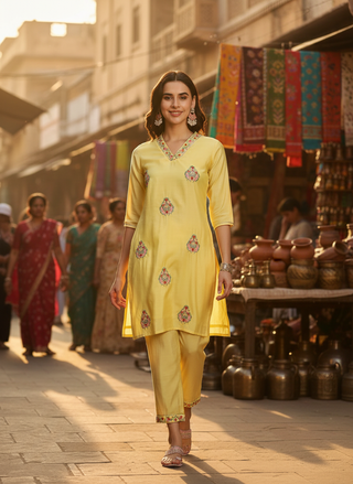 Yellow Chanderi Silk Kurta Set with Resham Floral Embroidery, Zari Highlights and Gota Patti Lace Detailing