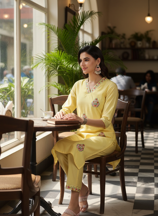 Yellow Chanderi Silk Kurta Set with Resham Floral Embroidery, Zari Highlights and Gota Patti Lace Detailing