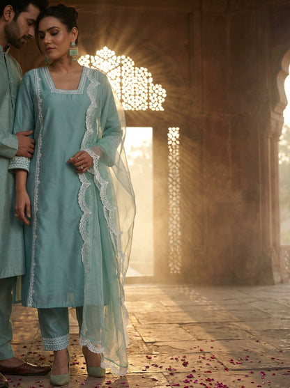 Kayra Aqua Hand Aari Embroidered A-Line Suit Set in Chinnon Silk with Pure Cotton Mul Lining
