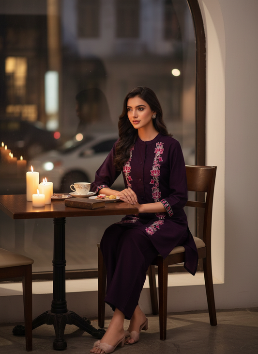 Deepti Purple Viscose Jacquard Co-Ord Set with Resham Embroidery & Hand Bead Sequin Work