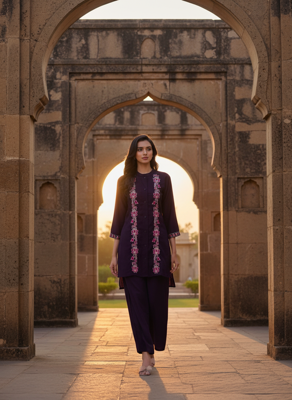 Deepti Purple Viscose Jacquard Co-Ord Set with Resham Embroidery & Hand Bead Sequin Work