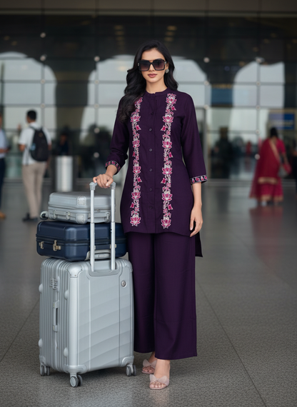 Deepti Purple Viscose Jacquard Co-Ord Set with Resham Embroidery & Hand Bead Sequin Work
