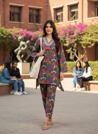 Dharvi Blue Printed Modal Chanderi Co-Ord Set with Mirror Sequin Embroidery and Coin Shell Embellishment