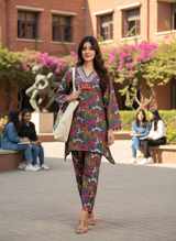 Dharvi Blue Printed Modal Chanderi Co-Ord Set with Mirror Sequin Embroidery and Coin Shell Embellishment